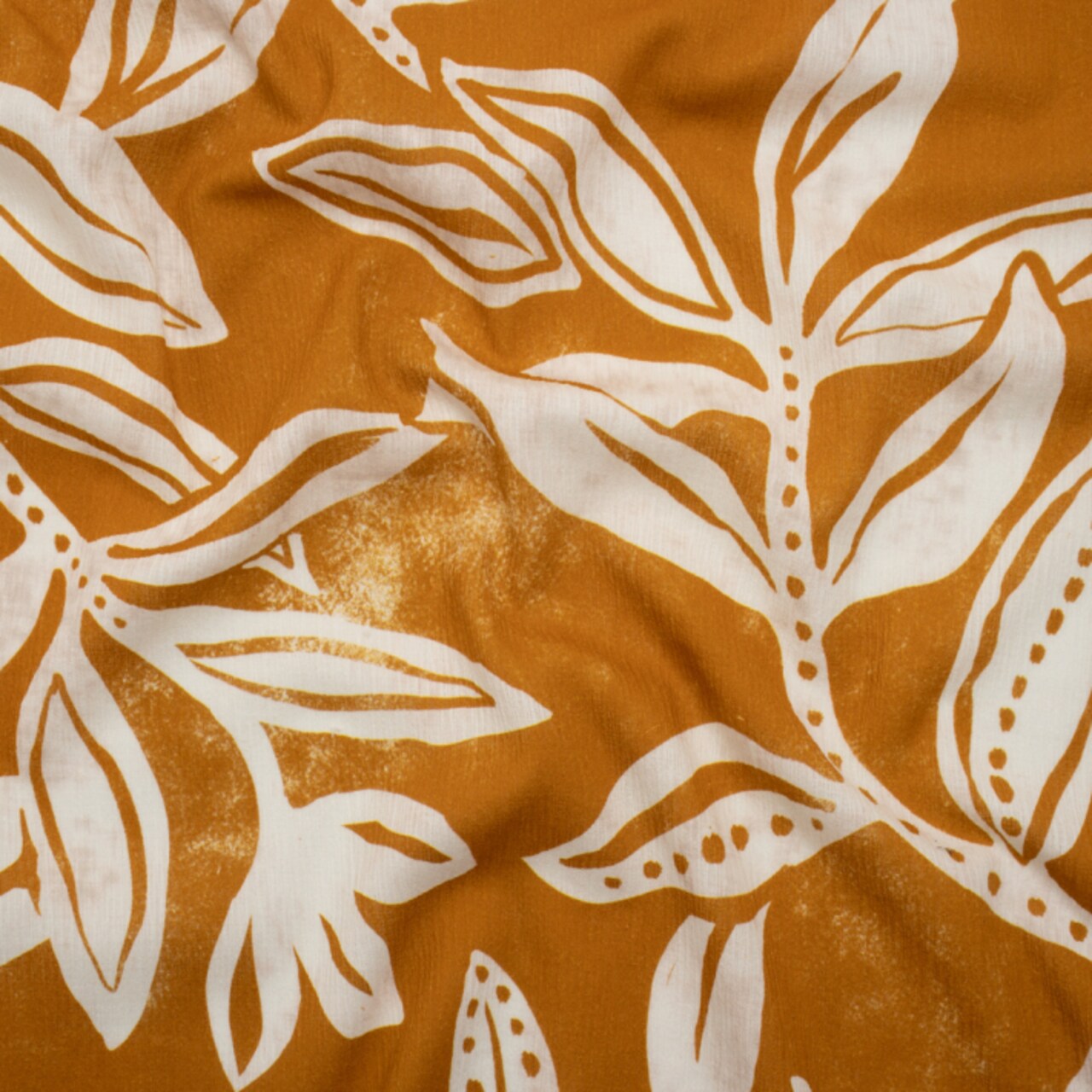 1 Yard Slubbed Gauzy Cotton Woven Orange Ochre and Cream Vines Fabric